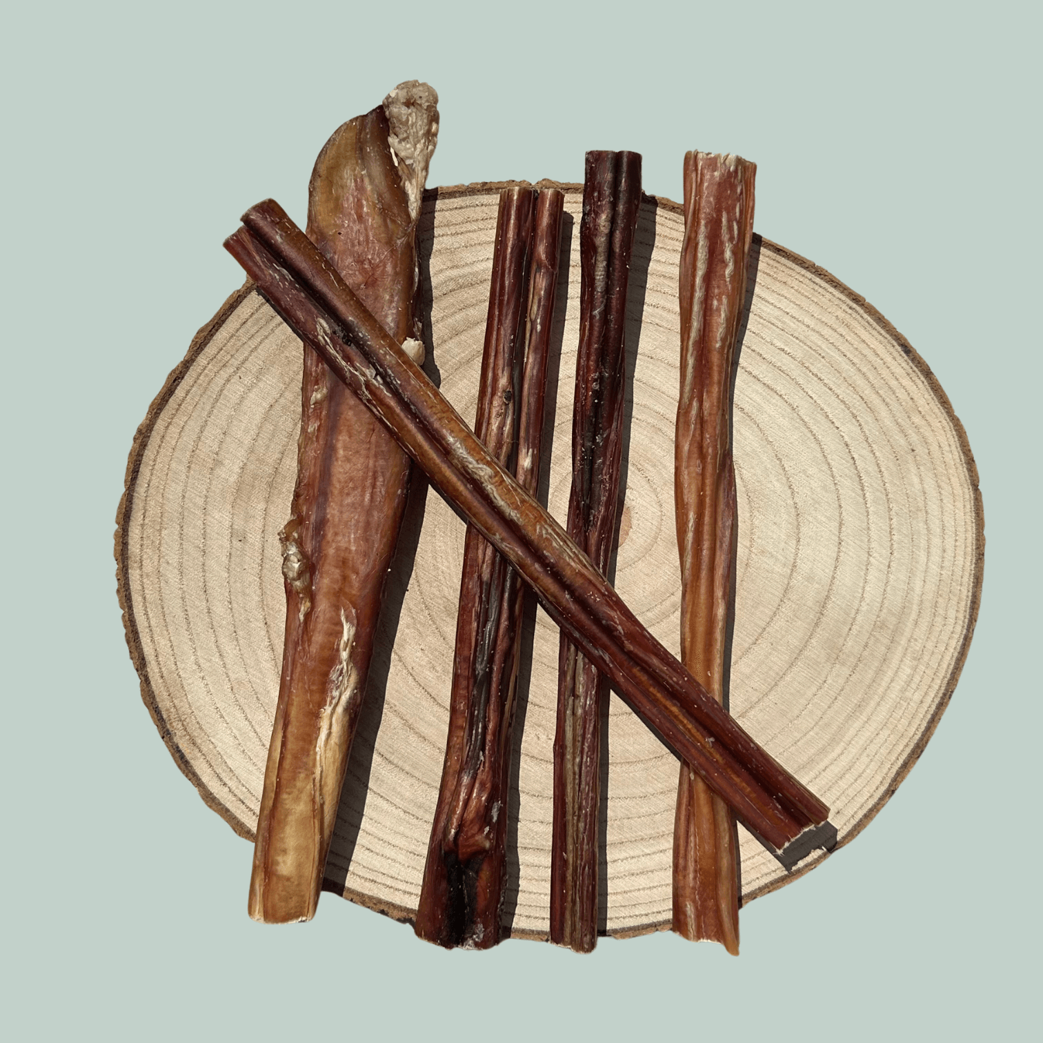 5 long pizzle stick dog chews on a wooden slice plate against a jade green background