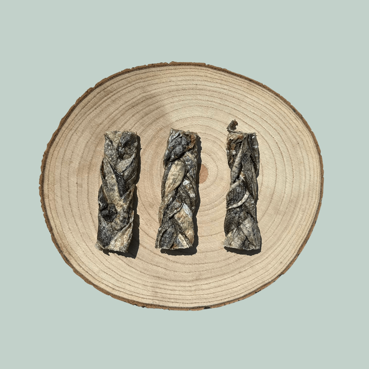 3 natural cod skin braid dog chews on a wooden slice plate against a jade green background
