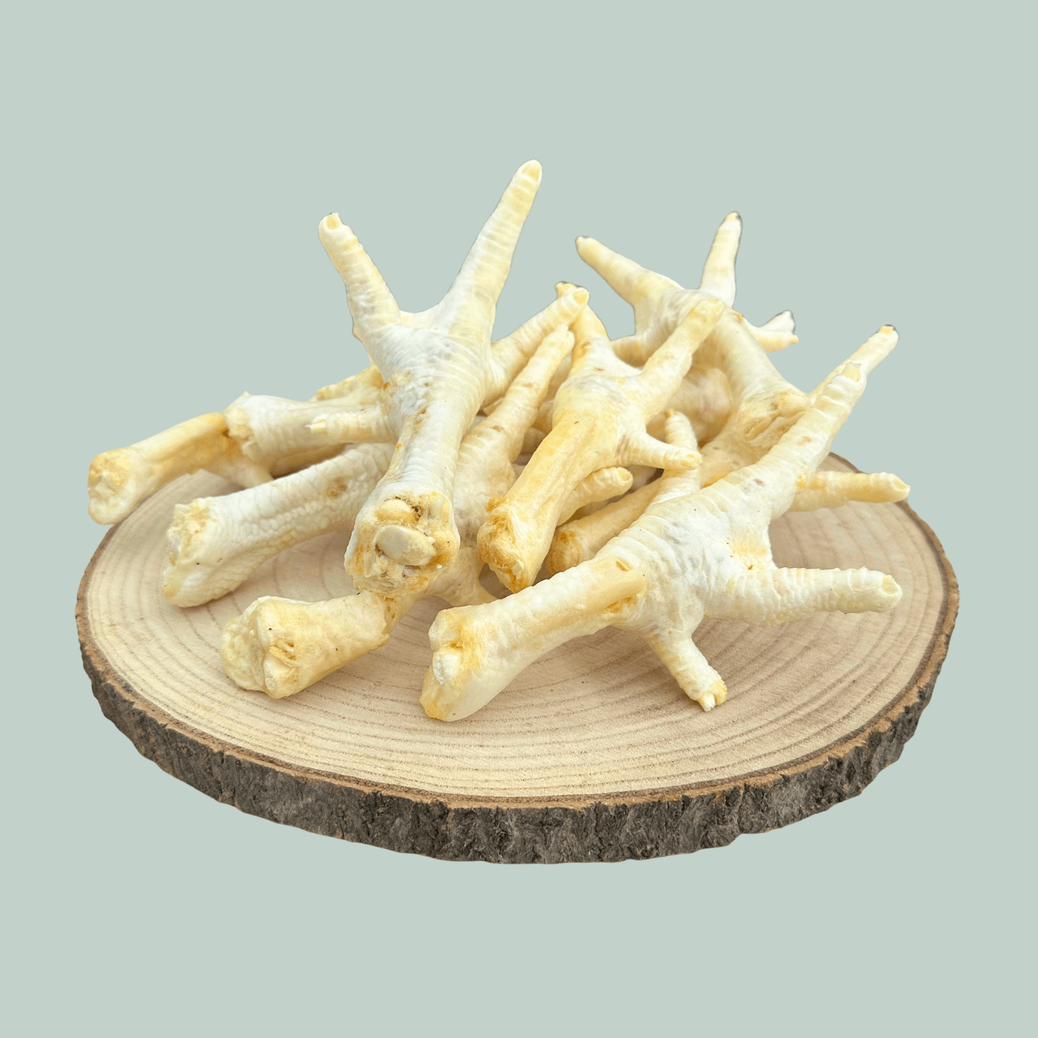 Side view of a pile of dried and puffed chicken feet for dogs and puppies on a wooden slice plate against a jade green background