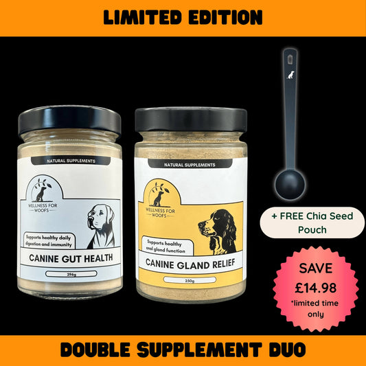 Two jars of canine supplements with a spoon and promotional text on an orange and black background.