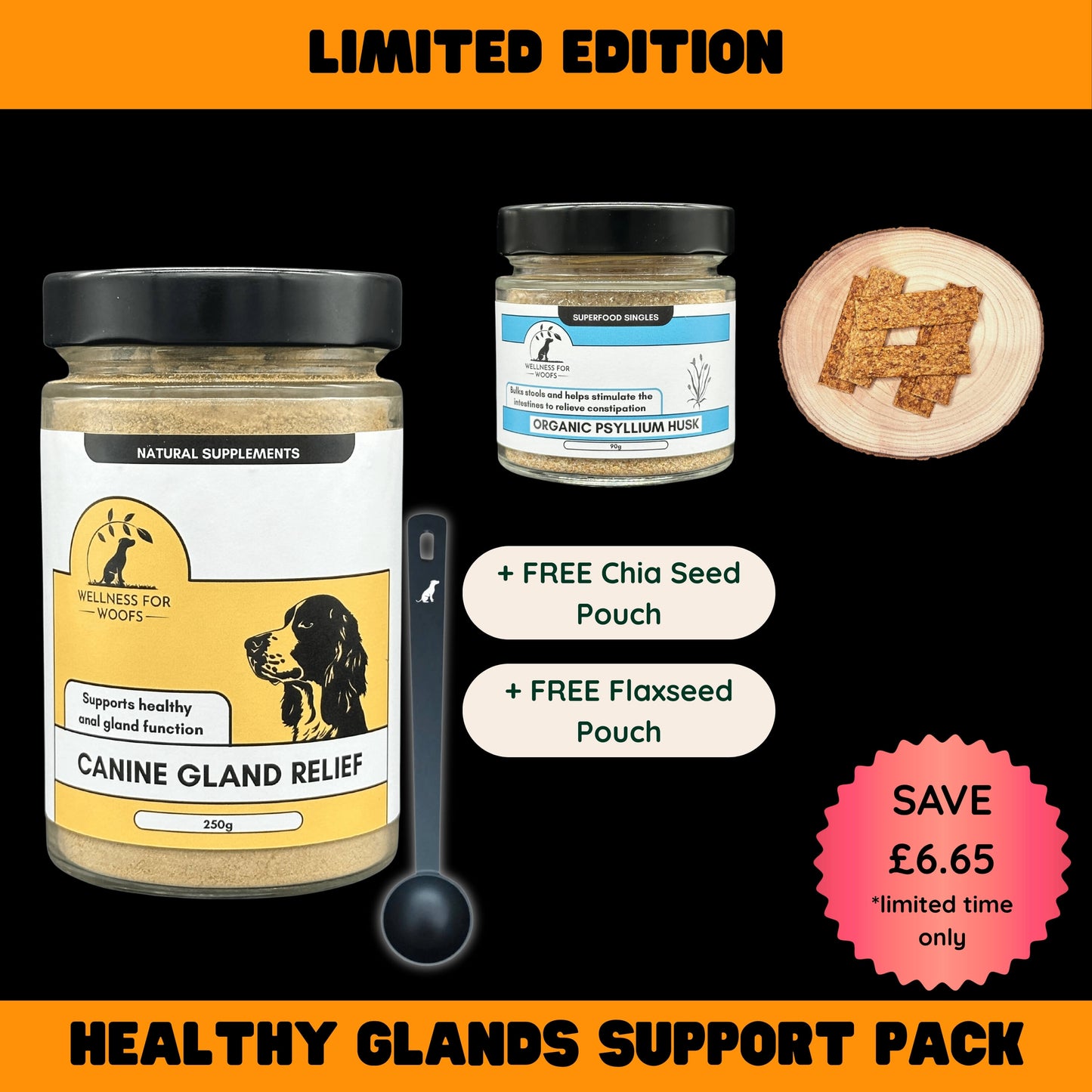 Supplement jars with labels and promotional text on a black background