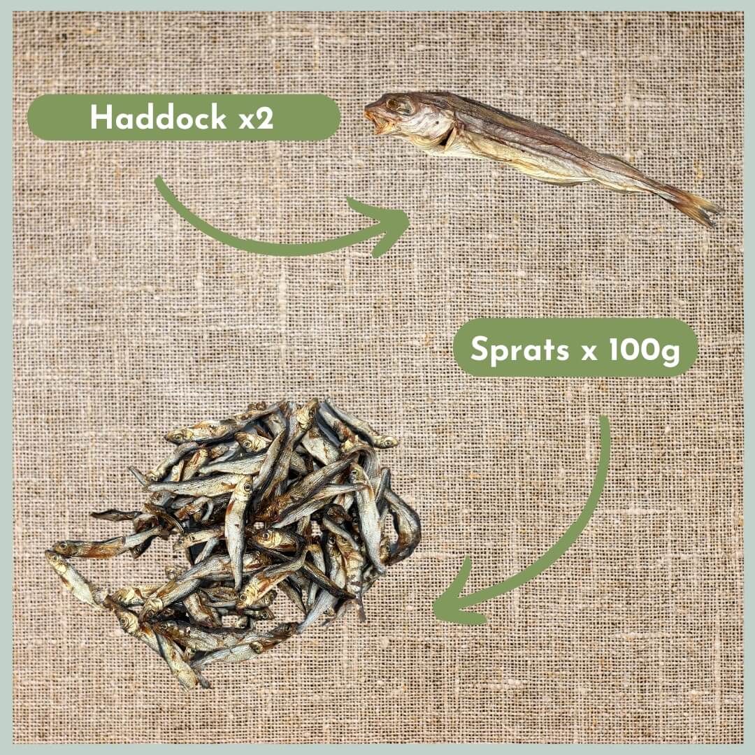Dried haddock and a pile of dried sprats dog treats on a jute mat
