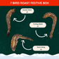 7 Bird Roast Festive Box with labels for goose neck, turkey neck, and duck wings on a green background.