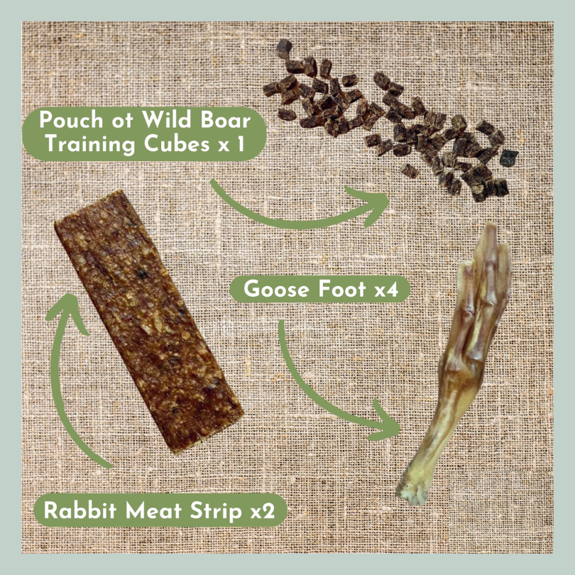 Pouch of wild boar training treats, goose foot and rabbit meat strips from a hypoallergenic allergy control natural healthy treat box for dogs and puppies