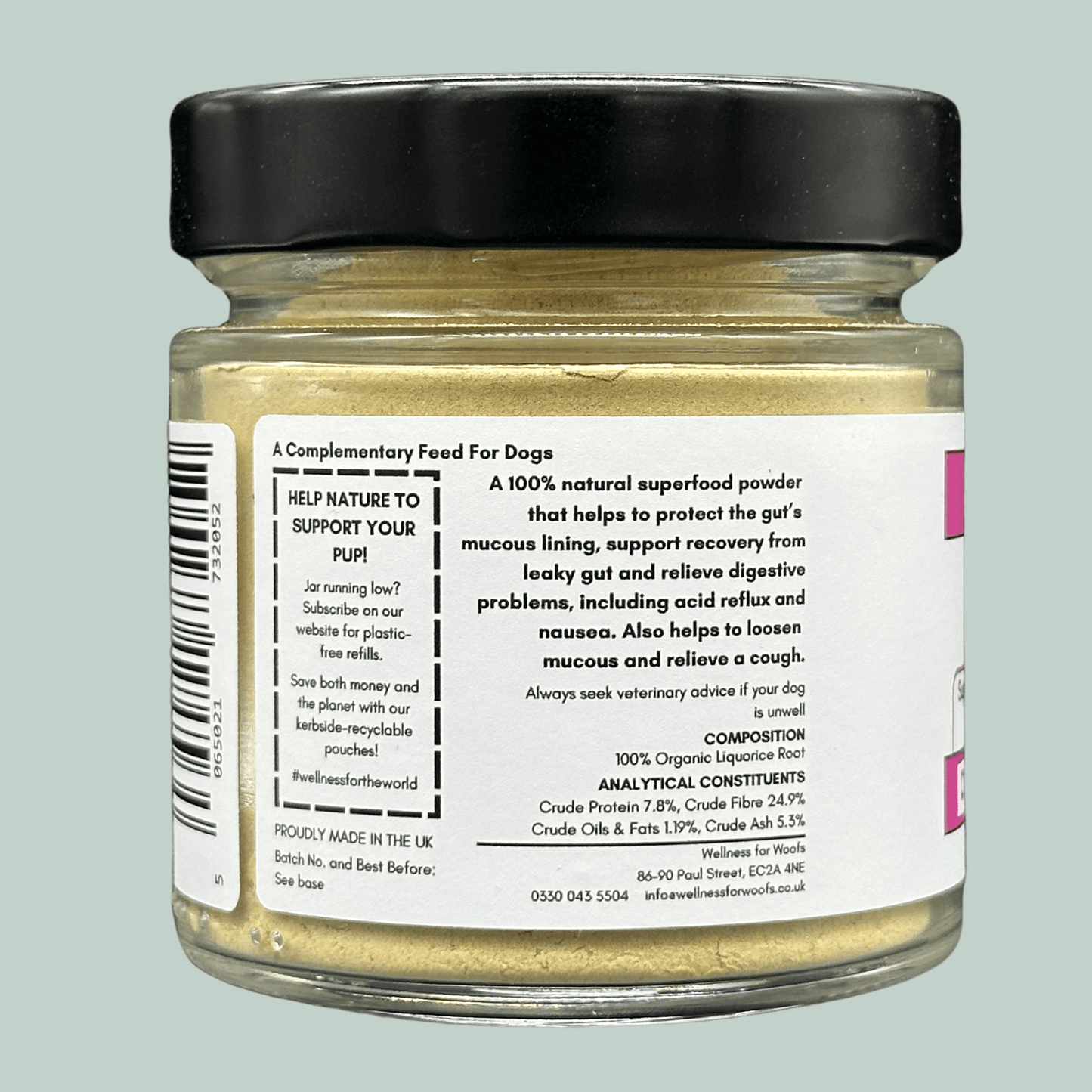 A glass jar with a black lid containing Organic Licorice Root Powder for Dogs. The label explains the health benefits of the liquorice root powder and that it is a superfood that helps to protect the gut's mucous lining, support recovery from leaky gut and relieve digestive problems.