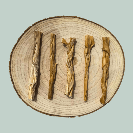 5 braided lamb skin chews for dogs on a wood slice plate against a jade green background