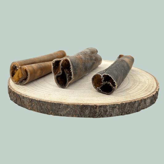 Side view of 3 rolls of dried camel skin natural and healthy chews for dogs on a wood slice plate against a jade green background