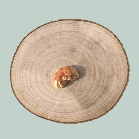 Slices of apple wrapped in dried chicken in front of a natural dog treat pouch on a wooden slice on a green background
