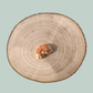 Slices of apple wrapped in dried chicken in front of a natural dog treat pouch on a wooden slice on a green background