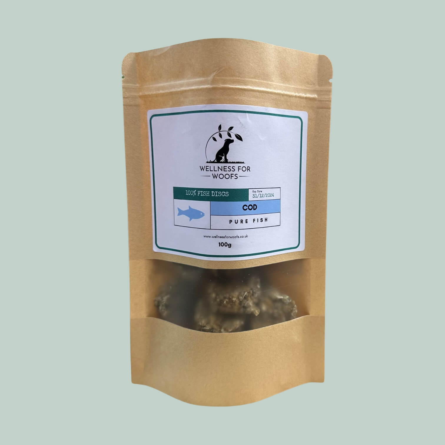 Pouch of cod disc treats for dogs