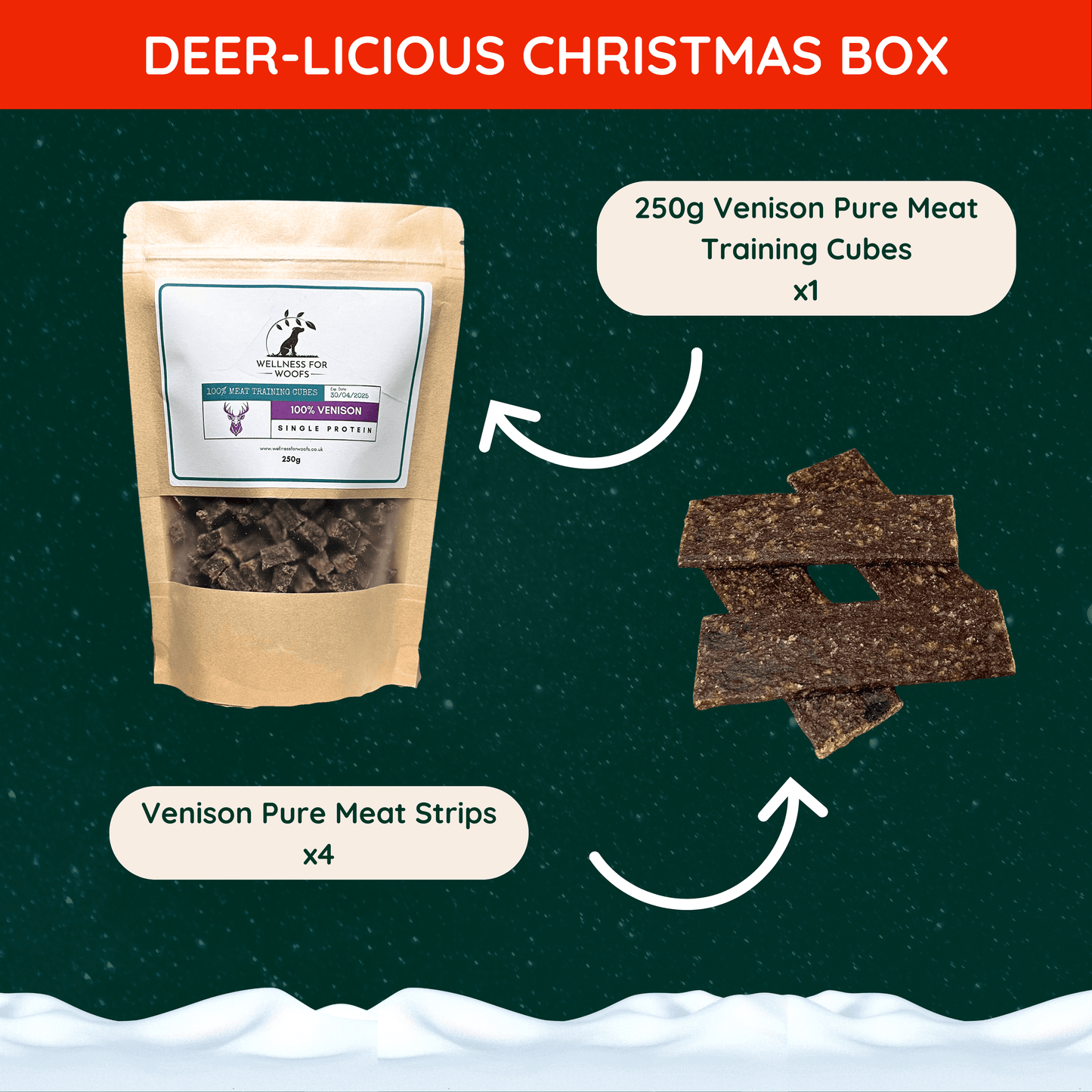 Pouch filled with deer dog training treats and 4 pure venison meat strips for dogs. Set on a dark green starry sky with a blanket of snow across the bottom.