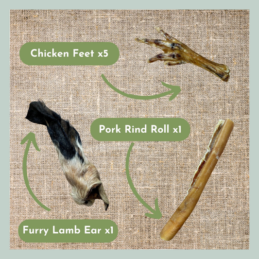 Dried chicken feet, pork rind roll and furry lambs ear natural dental treats for dogs