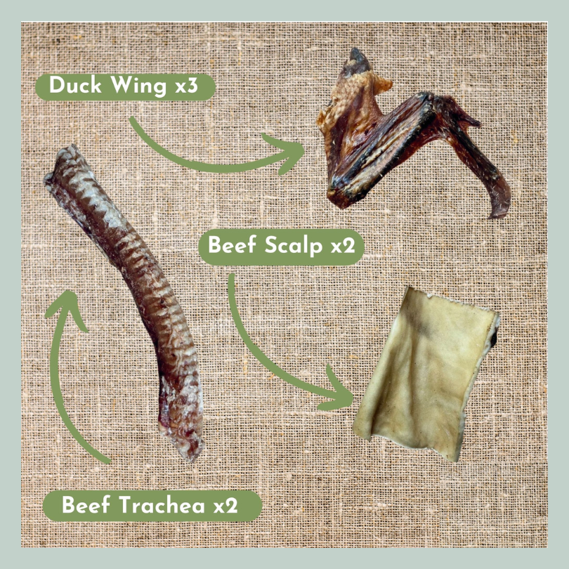 Duck wings, beef scalp, beef trachea natural dental treats and chews for dogs