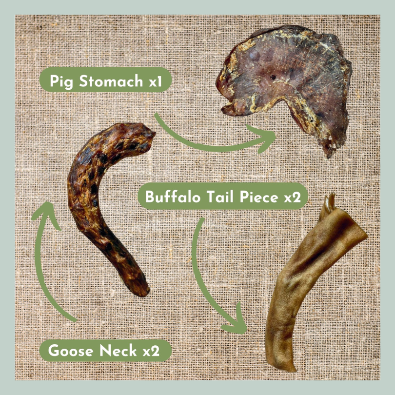 Pigs stomach, goose neck and buffalo tail piece natural healthy dental treats and chews for dogs