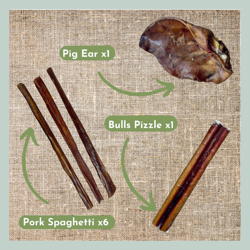 Pigs ear, bulls pizzle and pork spaghetti natural healthy dental treats for dogs and puppies