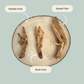 A dried chicken foot, duck foot, and goose foot dog treat on a wooden slice plate against a green backdrop. The image shows the size comparison between the different dog chews.