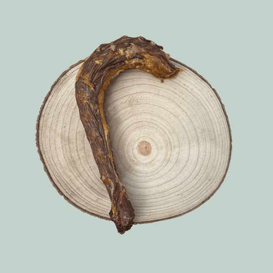 A dried turkey neck dog chew on a wooden plate against a jade green backdrop.