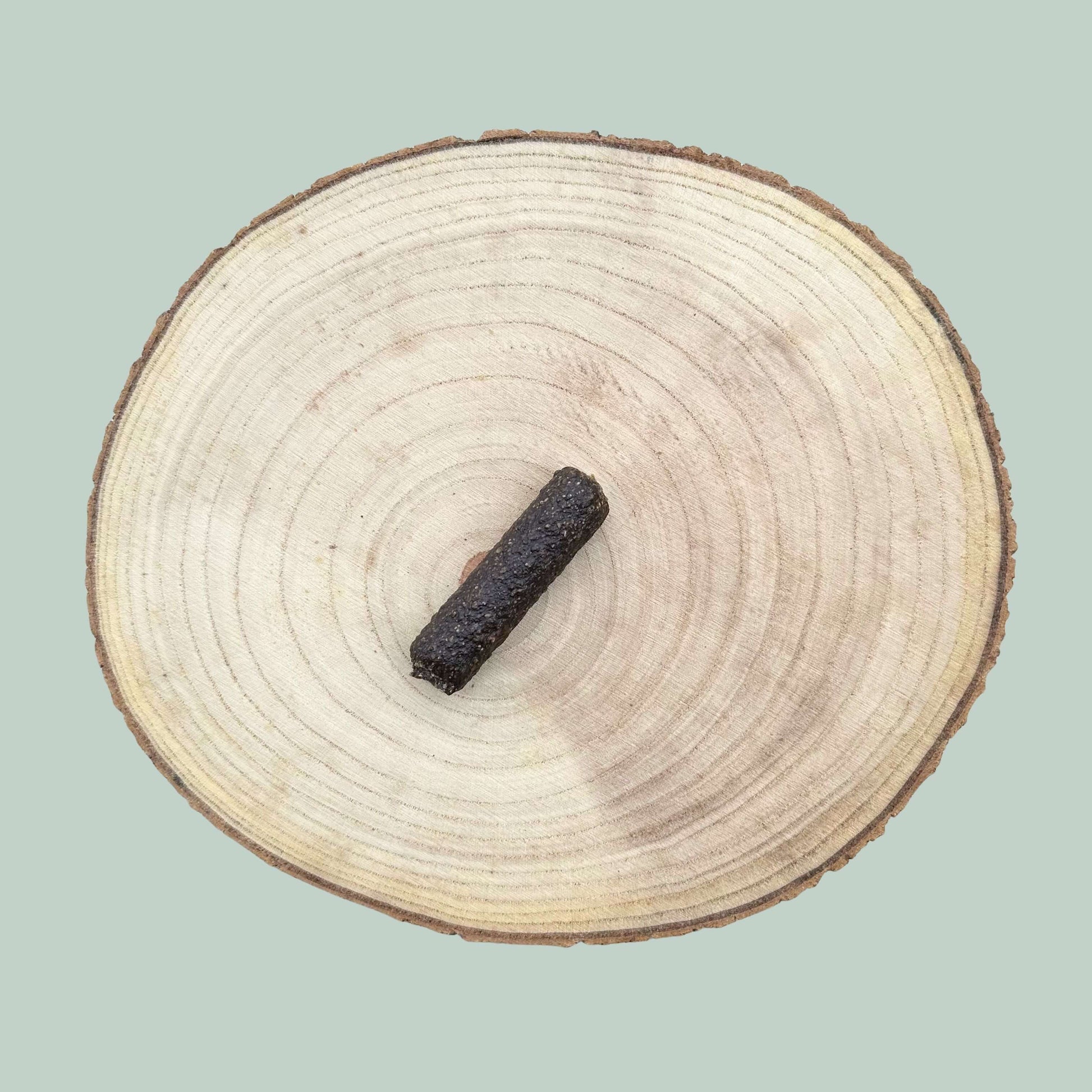 Wooden log slice with a duck and orange dog sausage on a light green background