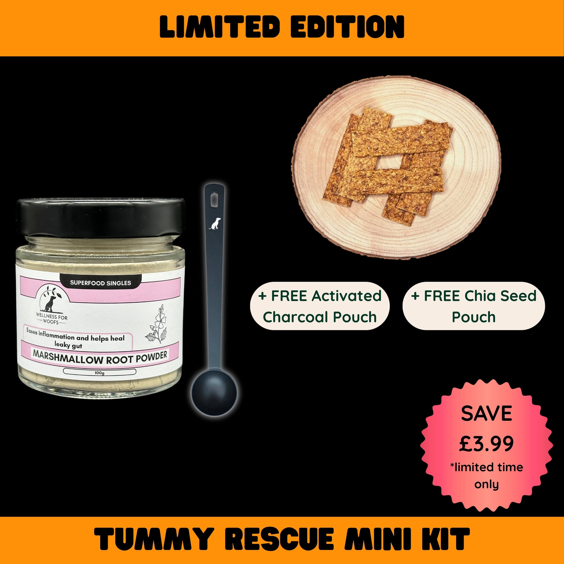 Tummy Rescue Mini Kit for dogs with jar, spoon, and crackers on a black background