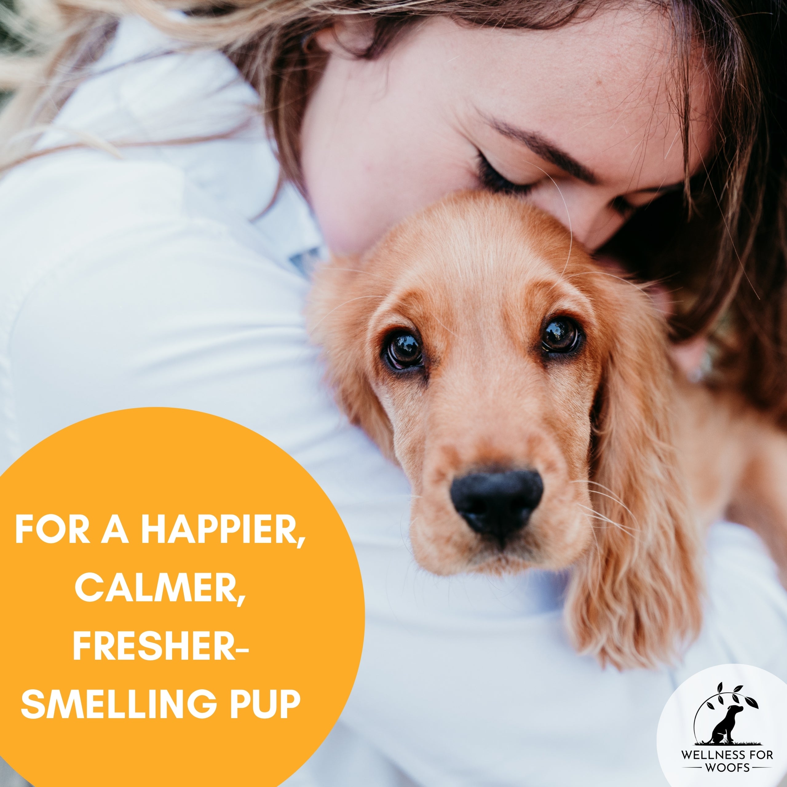 Person hugging a dog with text about happier, calmer, fresher-smelling pup from giving the dog the anal gland supplement powder.