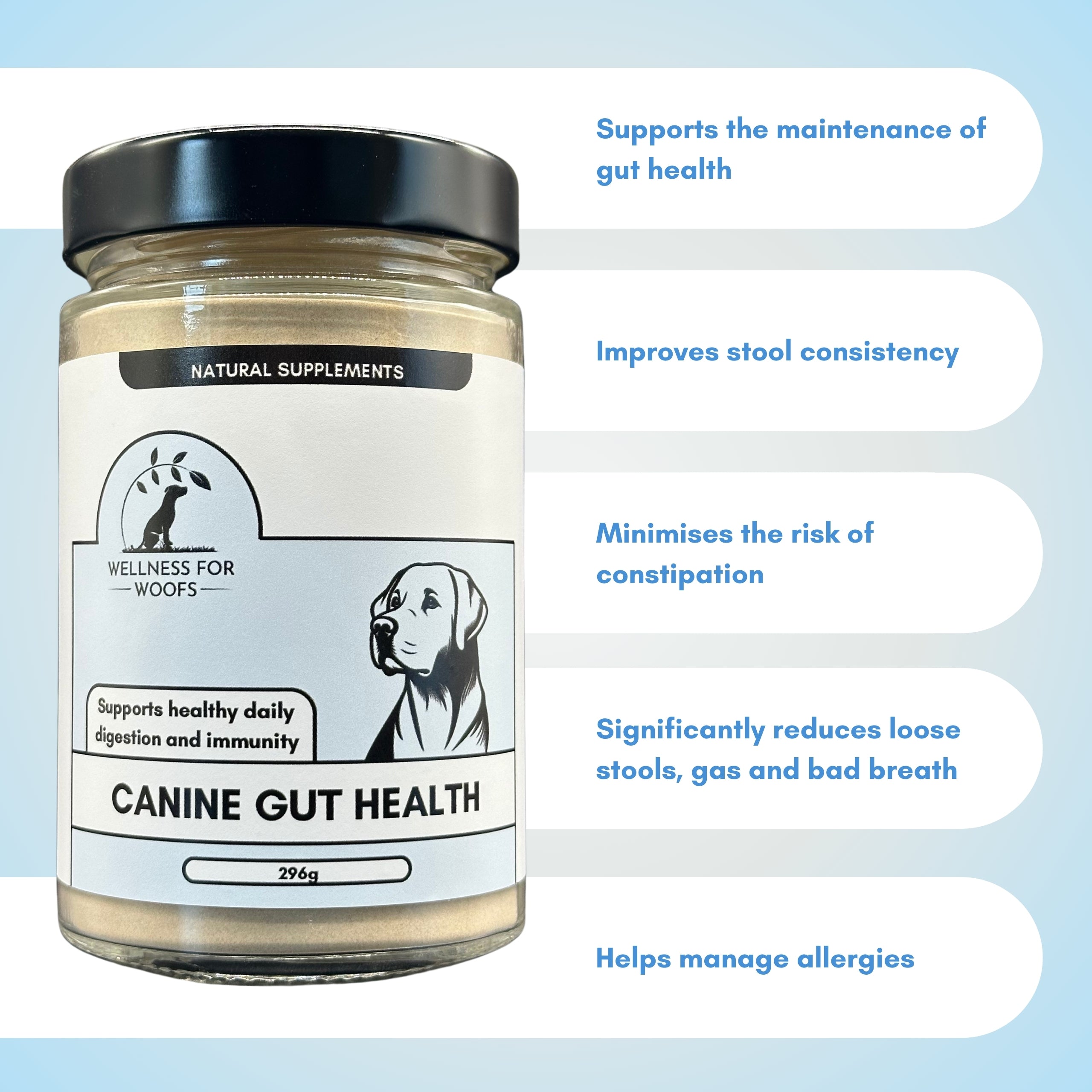 A large jar of 'Canine Gut Health' probiotic supplement for dogs with a list of the natural and healthy benefits for dogs.