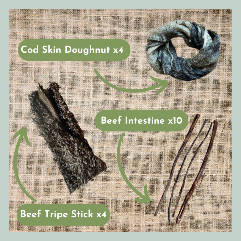 Cod skin doughnuts, beef intestine, beef spaghetti, beef tripe stick from a natural and healthy dog treat box to support healthy skin and coat