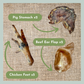 Pigs stomach, beef ear flap and chicken feet from a natural and healthy dog treat box to support healthy skin and coat