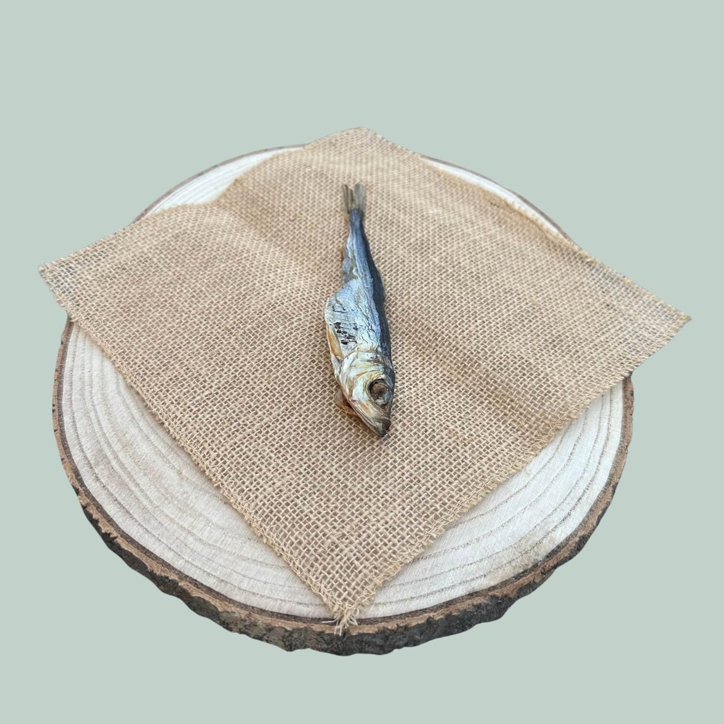 Individual dried herring dog treat lay on a wooden plate and jade green background