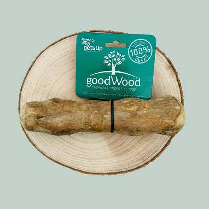 Large coffee wood chew for dogs on wooden plate and jade green background