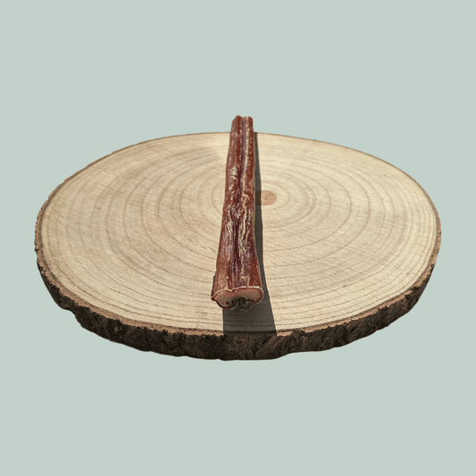 Side view of a long pizzle stick on a wooden slice plate against a jade green background