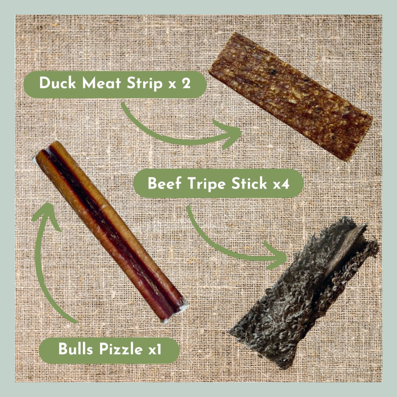 Duck meat strips, beef tripe sticks and bulls pizzles from a natural and healthy box of low fat treats and chews for dogs and puppies
