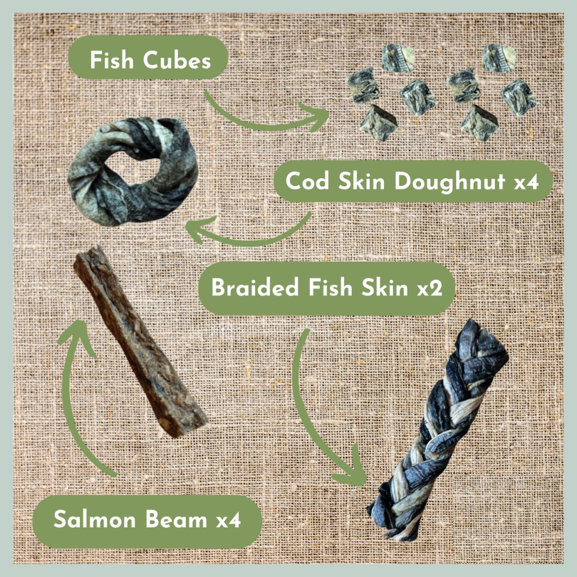 Fish cubes, cod skin doughnuts, braided fish skin and salmon beams from a natural fish treat box for dogs and puppies