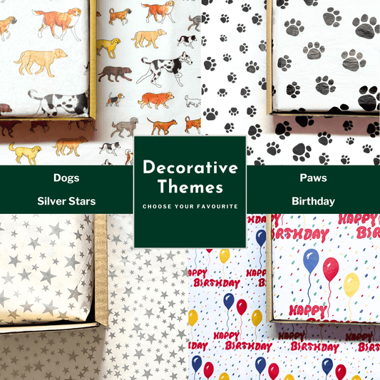 Collection of decorative paper with various patterns including dogs, paws, and birthday designs.