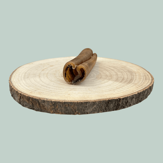 Side view of a single small roll of dried camel skin natural and healthy long lasting dog chews on a wooden slice plate against a jade green background.