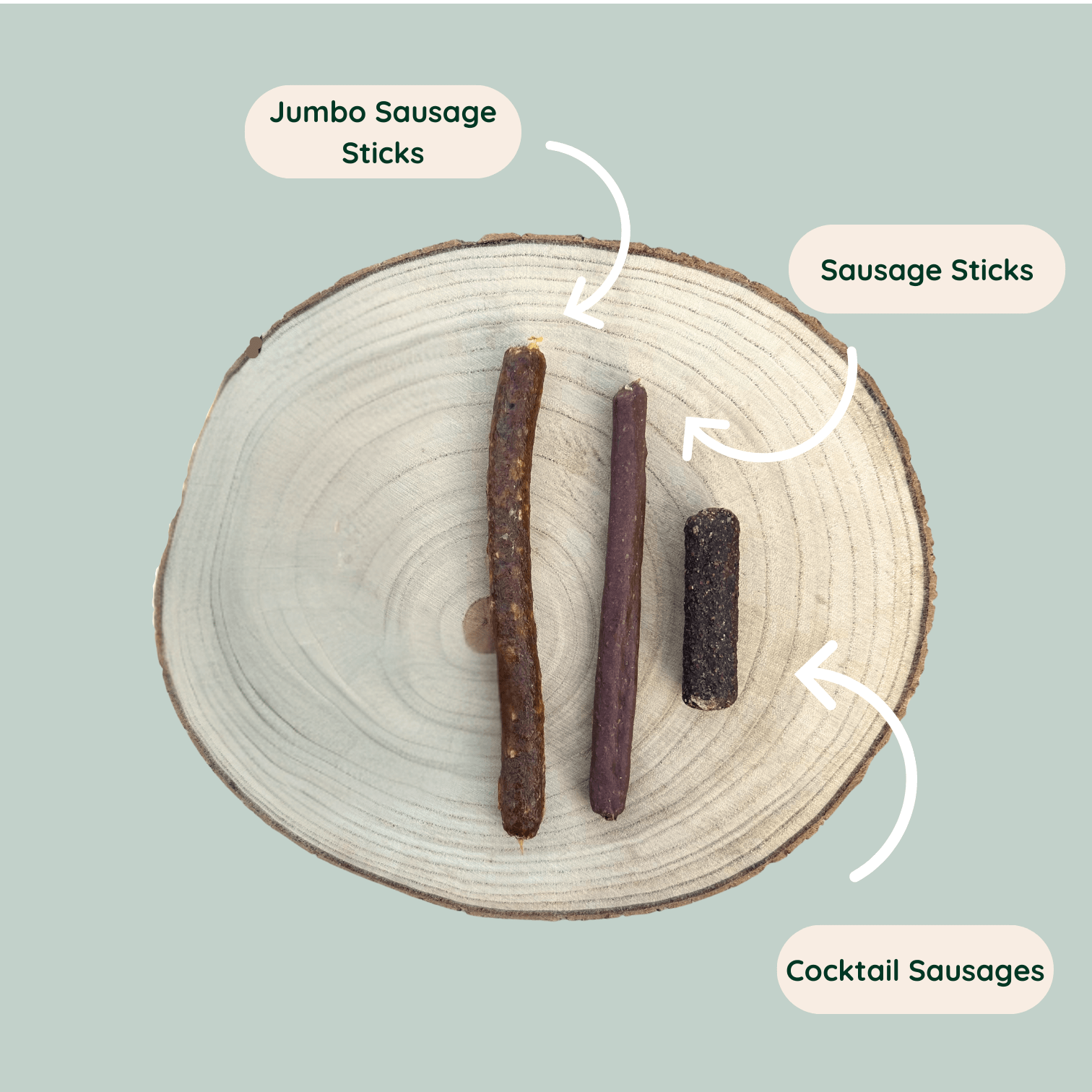 Three different size sausage treats for dogs on a wooden slice plate.