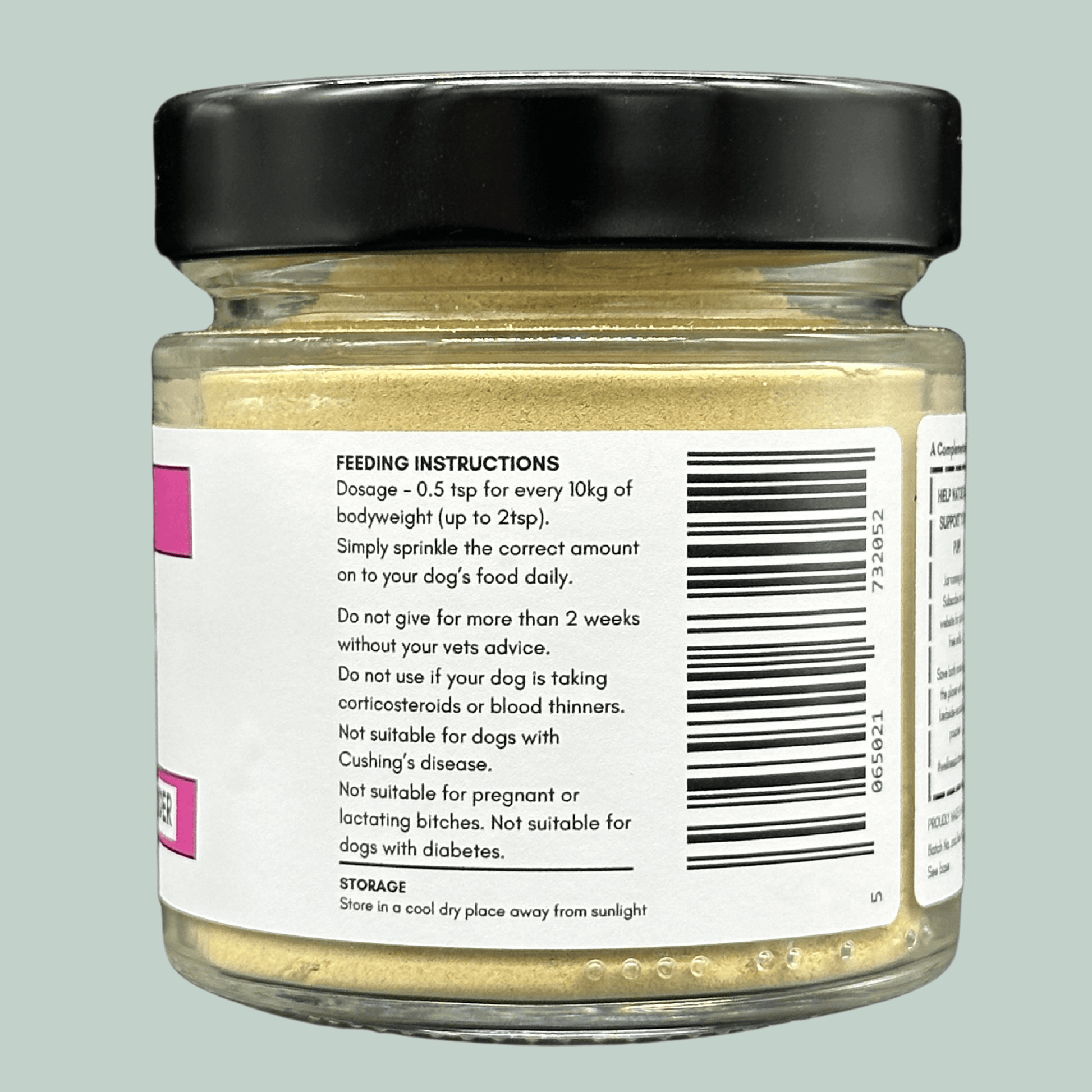 A glass jar with a black lid that contains Organic Licorice Root Powder for dogs. The label explains the dosage for dogs and the warnings. All set on a jade green background.