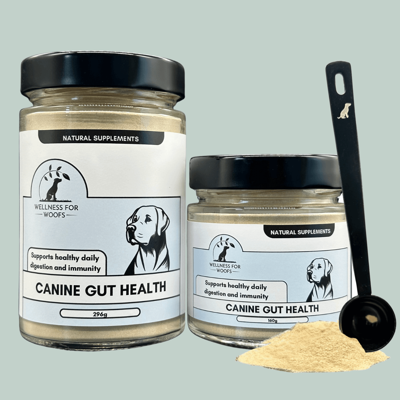Two jars of 'Canine Gut Health' probiotic supplement for dogs with a scoop of powder on a jade green background.