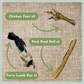 5 Dried Chicken Feet, a furry lambs ear and a pork rind roll from a box of natural treats and chews for puppies.