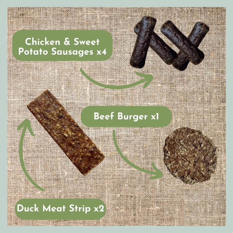 4 Chicken Sausages, a beef burger and 2 duck meat strips from a box of natural treats for puppies