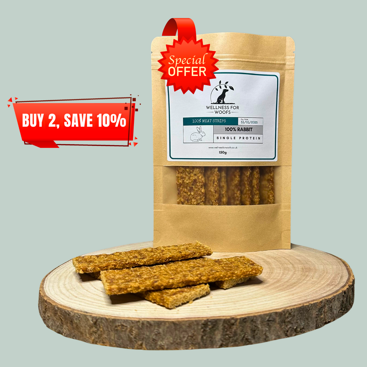 Pure rabbit single protein meat strip natural healthy chews and treats for dogs and puppies.