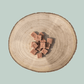Wooden log with square-shaped dog treats on a light blue background