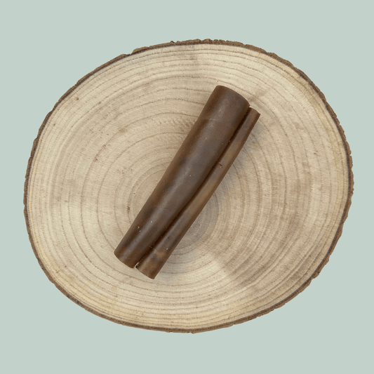 A single small roll of dried camel skin natural and healthy long lasting dog chew on a wooden slice plate against a jade green background.
