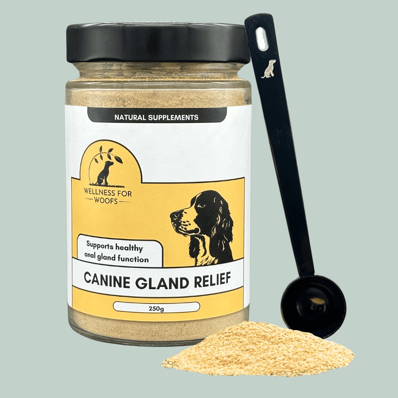 Jar of 'Canine Gland Relief' stop scooting supplement with a scoop on a jade green background