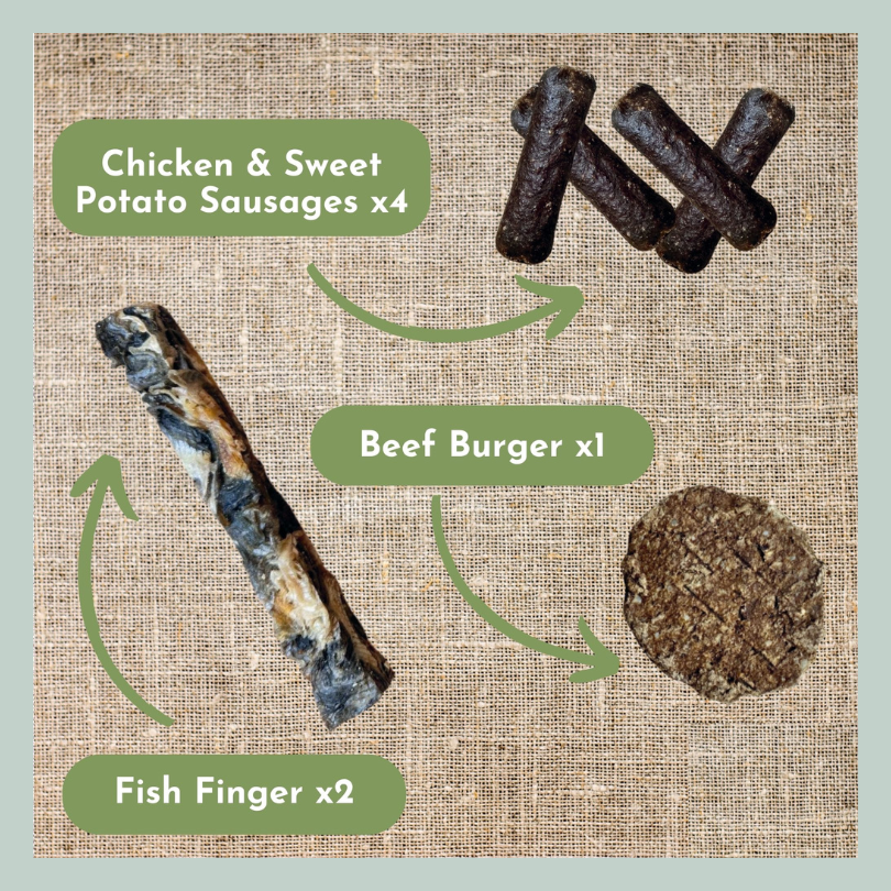 Chicken sausages, fish fingers and beef burgers from a natural treat box for dogs with sensitive stomachs
