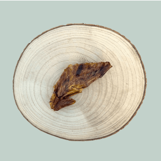 A single dried turkey wing dog chew on a wooden slice plate against a jade green background.