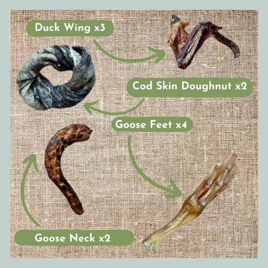 Duck wing, cod skin doughnuts, goose feet and goose neck contents of a high omega, natural and healthy joint support treat box for dogs and puppies