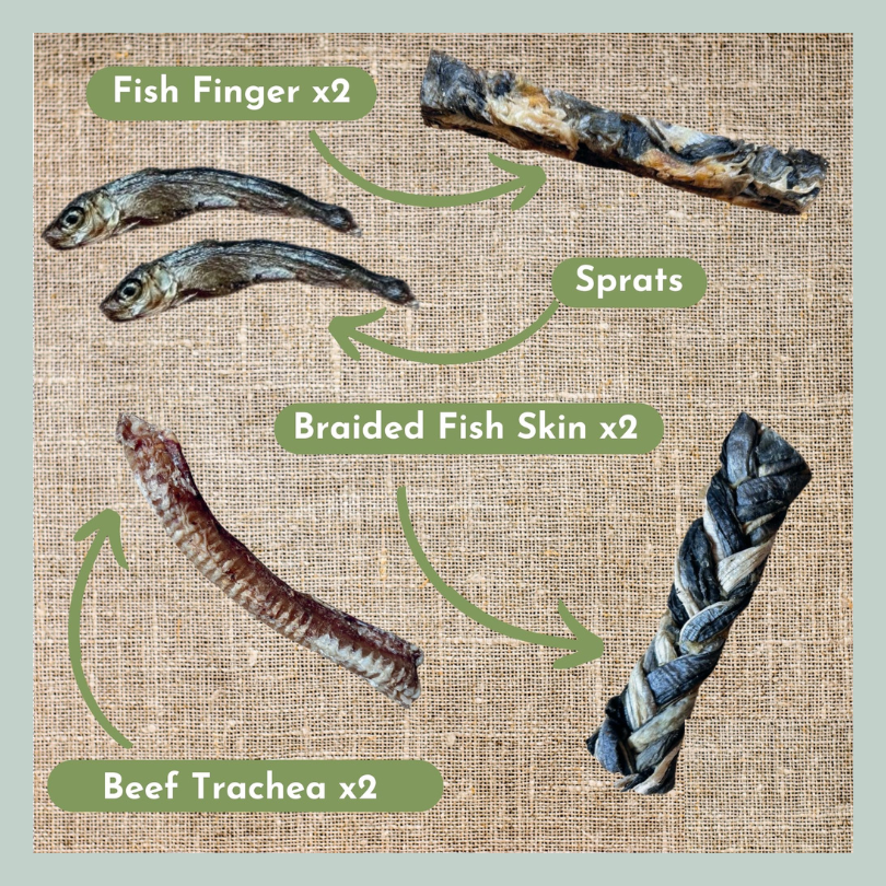 Fish fingers, baltic sprats, braided fish skin and beef trachea contents of a high omega, natural and healthy joint support treat box for dogs and puppies