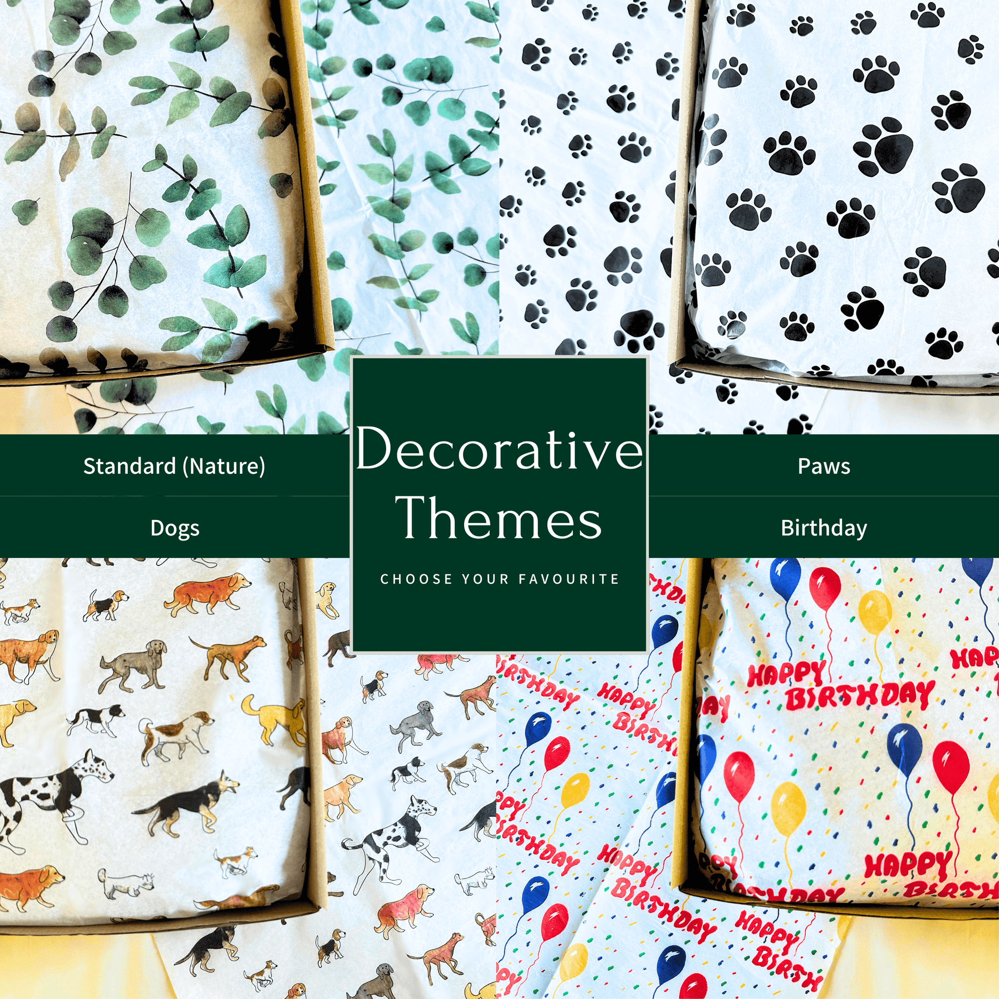 Different decorative tissue paper themes for natural dog treat boxes including green nature leaves on white, black paw prints on white, dogs on white or red yellow and blue balloons on white.