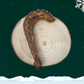 A dried turkey neck dog chew on a wooden plate against a dark green starry sky with a white snowflake in the corner and a blanket of snow across the bottom.