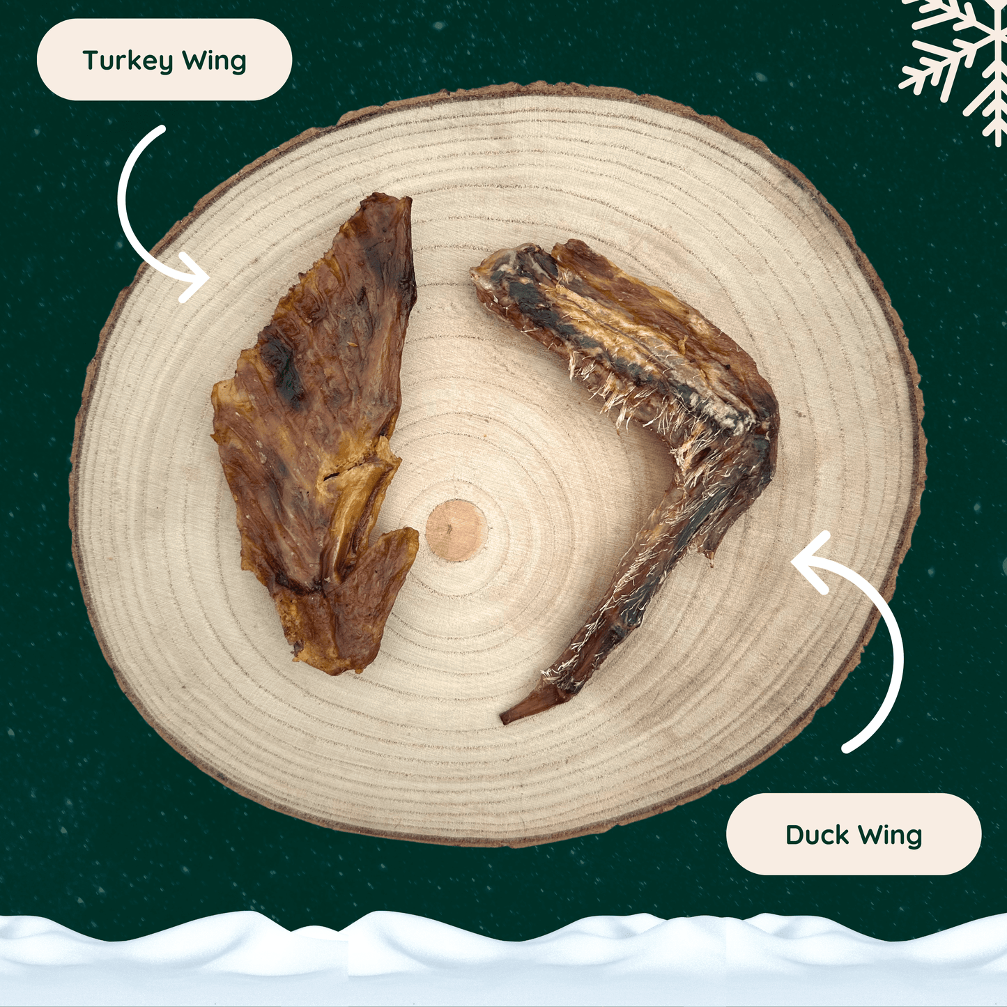 A dried turkey wing and a dried duck wing dog chew on a wooden slice plate against a dark green starry background with a white snowflake in the top right corner and a blanket of snow across the bottom.